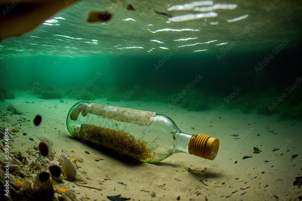 On the sand of the ocean floor is a beer bottle and a straw. underwater image with the topic of