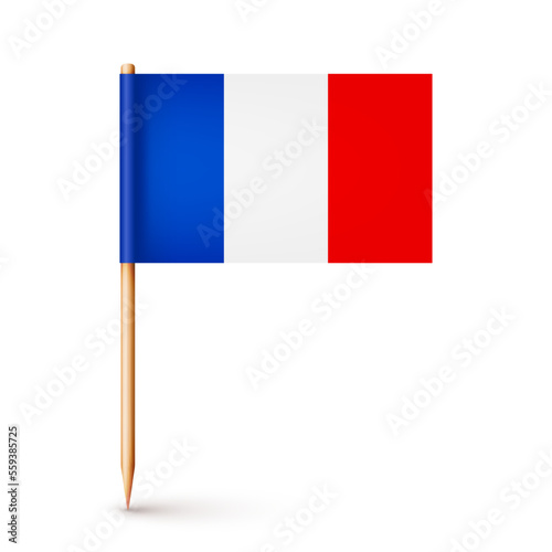 Realistic French toothpick flag. Souvenir from France. Wooden toothpick with paper flag. Location mark, map pointer. Blank mockup for advertising and promotions. Vector illustration