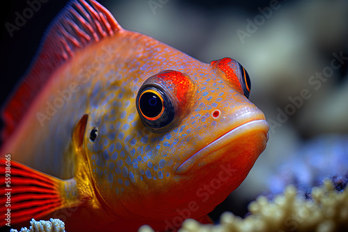 a redhump eartheater fish swimming in the water at close up. Generative AI photo
