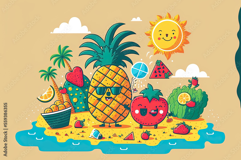 Cute summer journey of cartoon tropical fruits playing water gun games or enjoying sunbathing at the beach. Generative AI