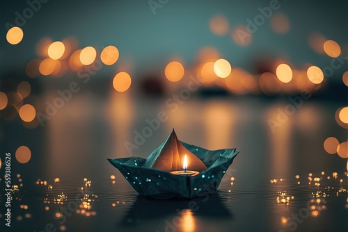 A candle in an origami boat on the water with a bokeh background - AI generative art photo