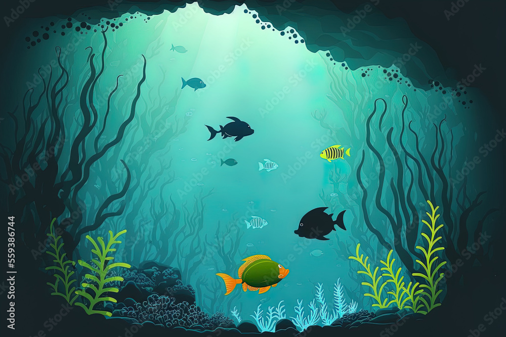 Fototapeta premium underwater scene of the sea with adorable fish. Generative AI