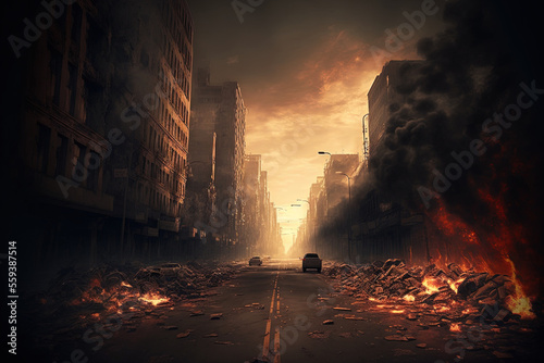 Fotografia Burned out city street with no one on it, flames on the ground, and distant explosions of smoke