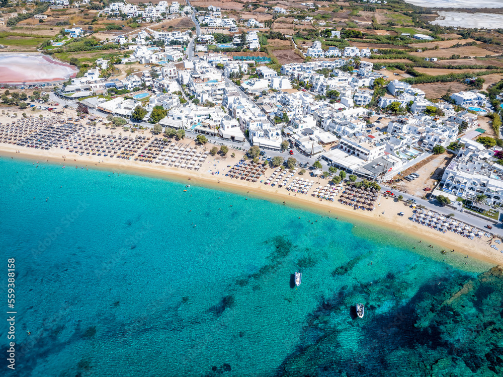 Aerial view of the popular Agios Prokopios beach at Naxos island, Cyclades, Greece