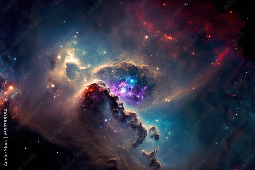 nebula in space stunning picture of space with clouds and lights planets and stars. Generative AI nebula in space stunning picture of space with clouds and lights planets and stars. Generative AI
