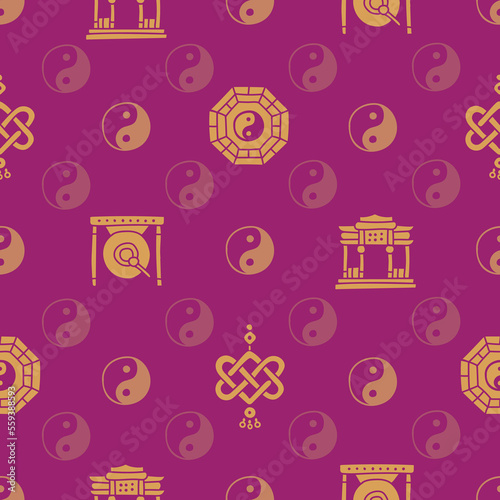 Purple and Gold Vector Chinese Philosophical Repeat Pattern Design