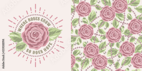 Set of pattern, emblem with text, blooming pale pink roses, pearl strings. White background. Vector vintage illustration. For T-shirt, clothing, fabric, surface design