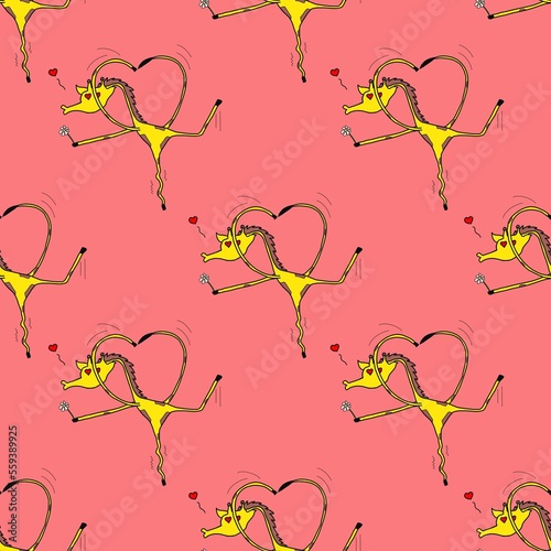 abstract giraffe cartoon character seamless pattern background holding flowers kissing falling in love.