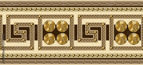 Ancient greek borders with gold chains, coins, beads. Greek roman meander seamless border. Horizontal stripes.