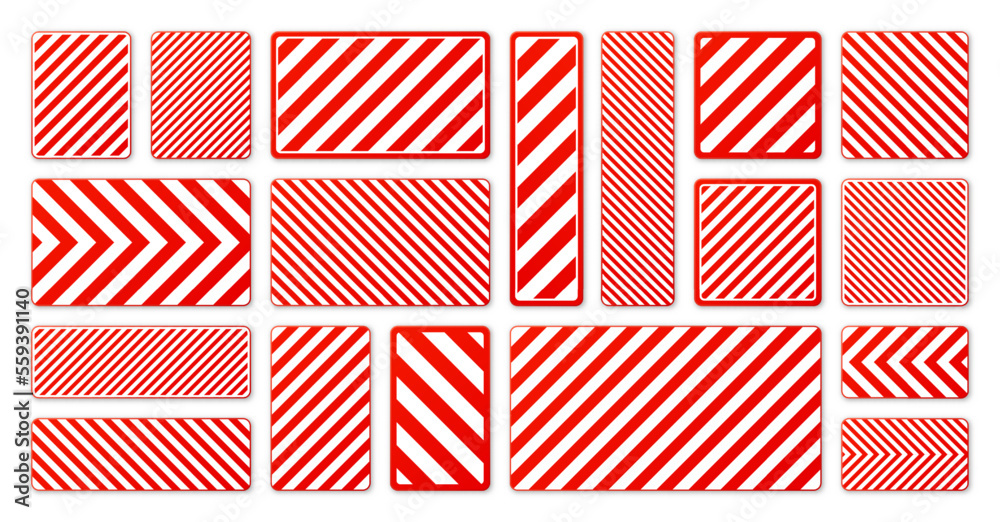 Various white and red warning signs with diagonal lines. Attention, danger or caution sign, construction site signage. Realistic notice signboard, warning banner, road shield. Vector illustration Various white and red warning signs with diagonal lines. Attention, danger or caution sign, construction site signage. Realistic notice signboard, warning banner, road shield. Vector illustration