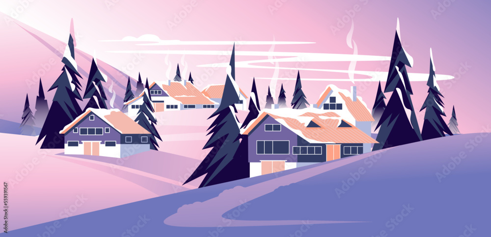 Fototapeta premium houses in a winter fairy tale landscape. Snow-covered coniferous hills at sunset. Holiday season. Vector illustration