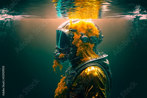 Astronaut underwater, helmet and ink reflection, Generative AI