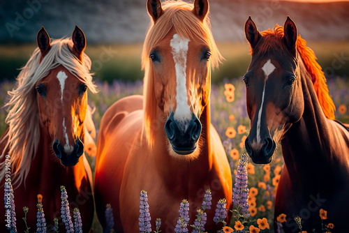 Palomino horsess standing flowers Generative AI