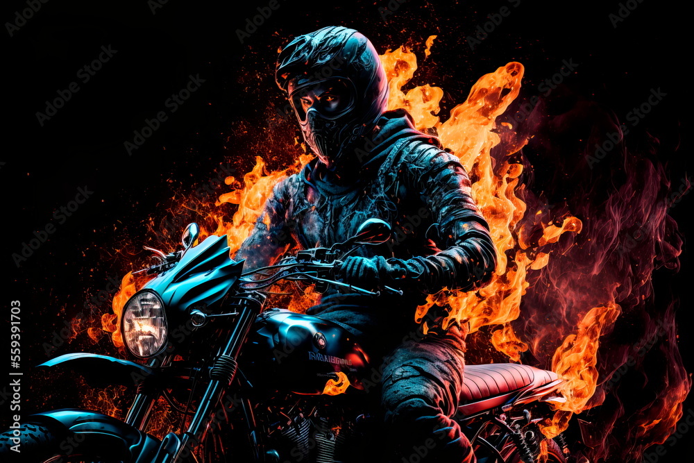 Fototapeta premium Fire motorbiker in dramatic dark scene. Wallpaper . Generative AI