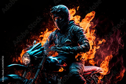 Fire motorbiker in dramatic dark scene. Wallpaper . Generative AI