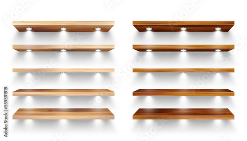 Realistic wooden store shelves with lighting, spotlights. Empty product shelf, grocery wall rack. Mall and supermarket furniture, bookshelf. Modern interior design element. Vector illustration