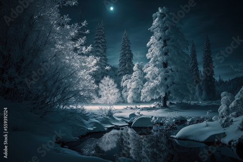 Dark winter woodland, fir trees in a snowy setting. Generative AI