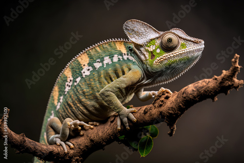 Close up of a female pied veiled chameleon perched on a branch, with a gray backdrop. Generative AI