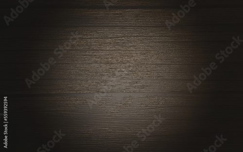 3D render of dark brown wooden plank texture with spot light on center, top view, copy space