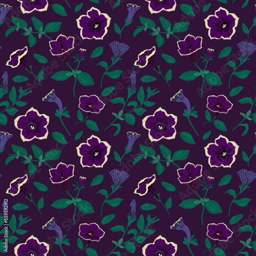 Petunia multiflora flowers and leaves vector image pattern on violet background © koshkina