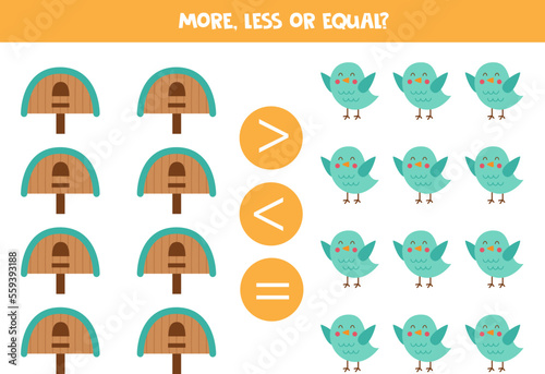 More, less or equal with cute cartoon birds and birdhouses.