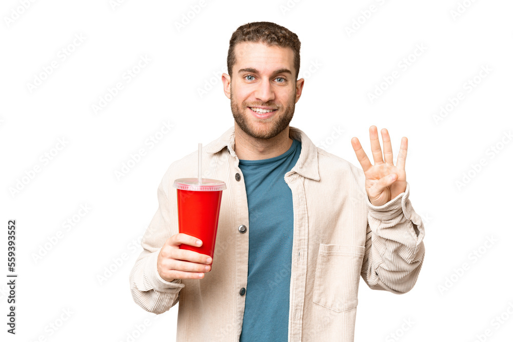 Young handsome blonde man holding soda over isolated chroma key background happy and counting four with fingers Young handsome blonde man holding soda over isolated chroma key background happy and counting four with fingers