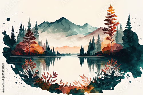 Foto Mountains, forests, and a lake are shown in a watercolor scene