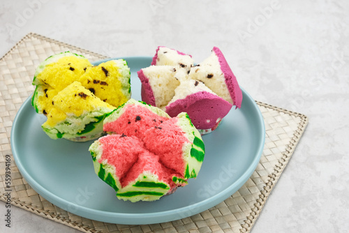 Bolu Kukus (Sponge Cake), made from flour, tapioca flour, egg and sugar. Indonesian traditional snack 