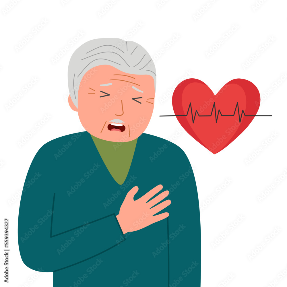 Senior man with heart attack symptom in flat design on white background. Heart disease concept. Senior man with heart attack symptom in flat design on white background. Heart disease concept.