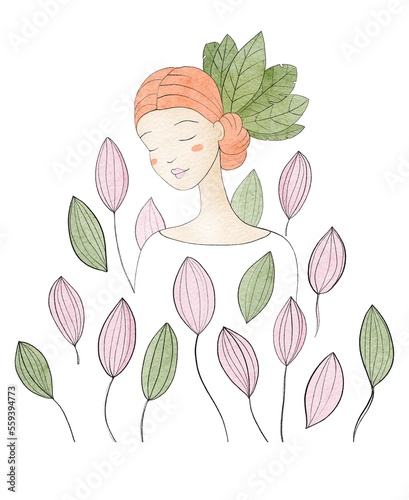 Girl in flowers drawing, watercolor illustration of beautiful young woman with ginger hair and floral ornament photo