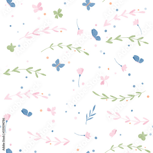 cute seamless pattern with flowers, leaves, butterflies, branches and buds