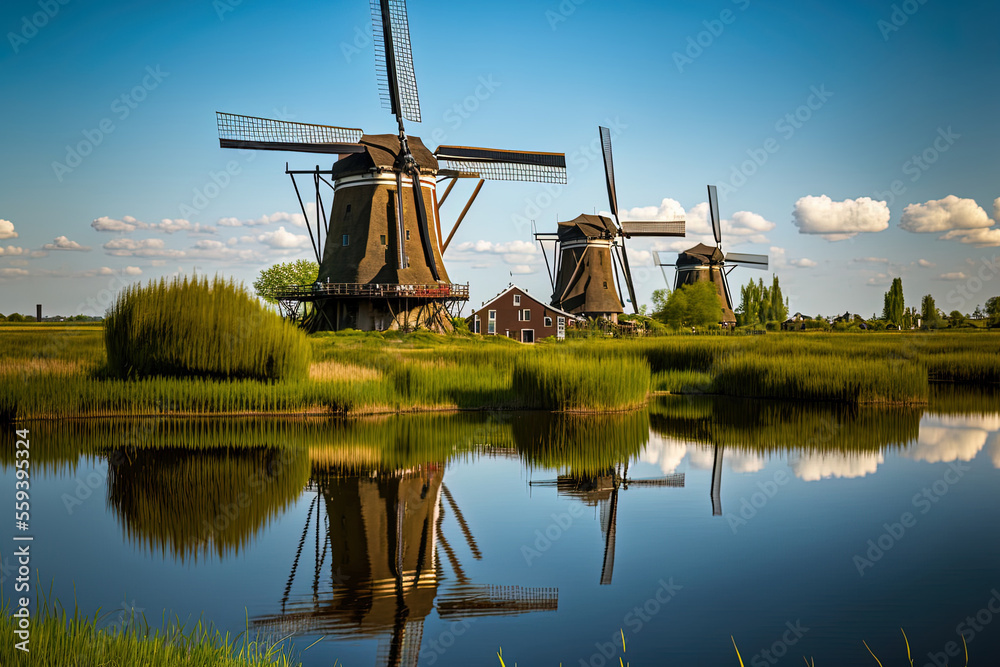 Fototapeta premium Windmills may be seen in the Dutch countryside at the popular tourist destination Kinderdijk. Generative AI