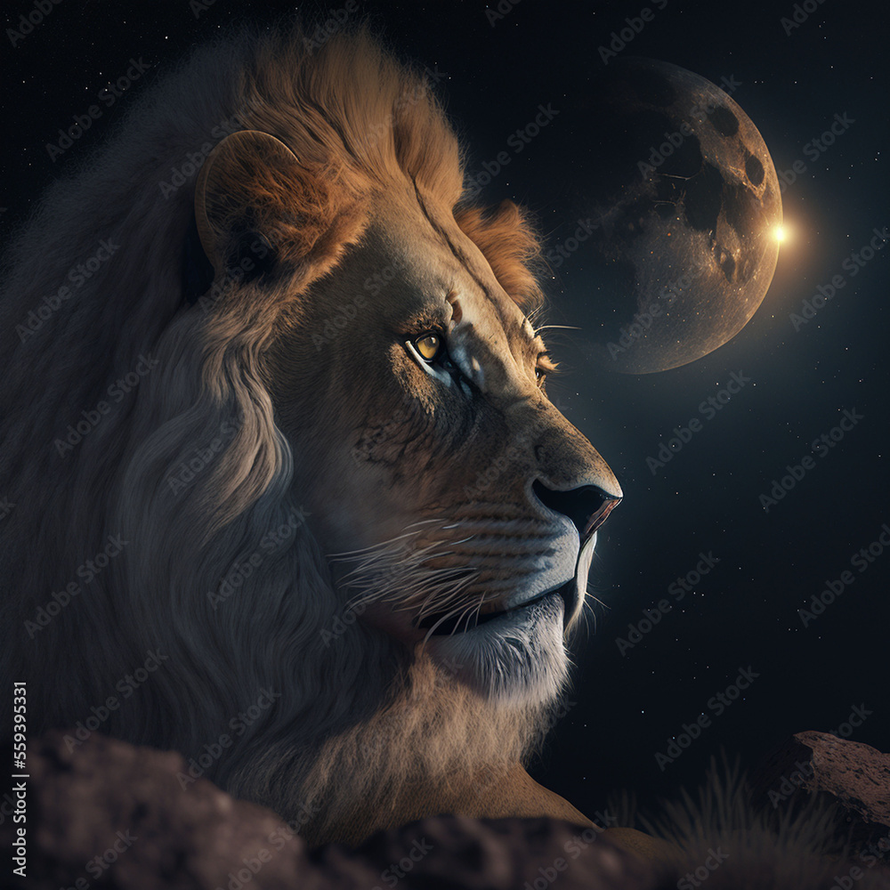 Close-up of a lion with stars and the moon in the background