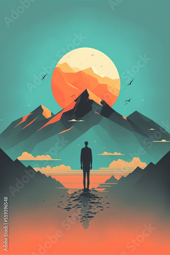 Abstract art. Colorful painting art of an abstract mountain landscape with human in front. Background illustration. Generative AI.