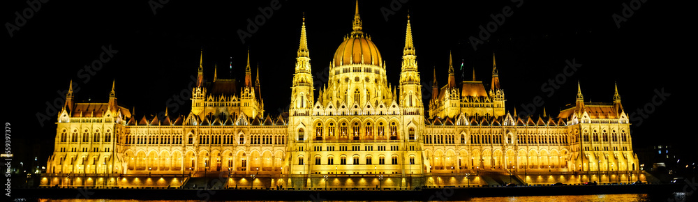 Budapest parliament panoramic view in the night from Danube river,  Hungary