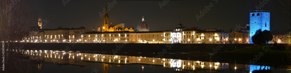 Nightview of Florence with the Tower of Town Hall, Basilica of the Holy Cross, Cathedral and illuminated 