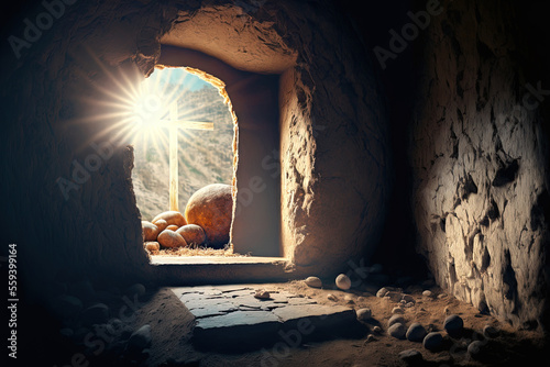 Strong light rays shining through the door of an empty stone tomb in the background of a religious Easter scene depicting the resurrection of Jesus Christ. Generative AI