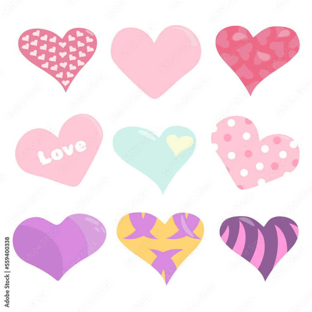 Set of hearts with various patterns of pink, purple, mint colors for lovers in vector