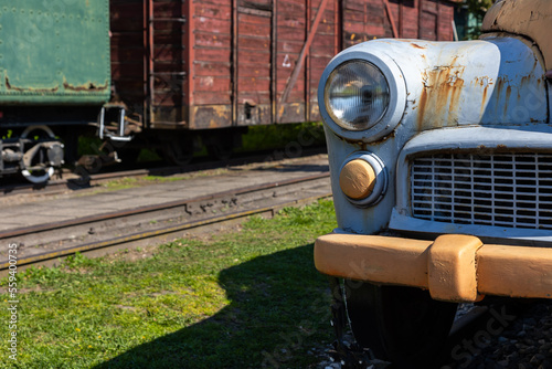 An old passenger car converted into a draisine. Vehicles used in the operation of railway lines photo