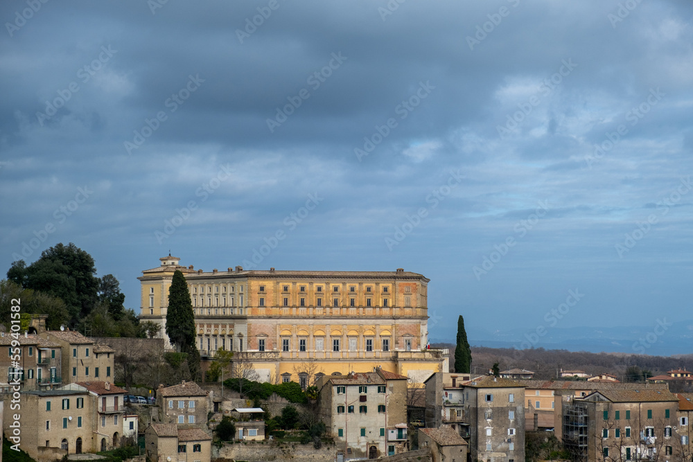 Landscape of the old town of Caprarola with the ancient buildings Palazzo Farnese or Villa Farnese. Caprarola, Viterbo, Lazio, Italy, Europe.