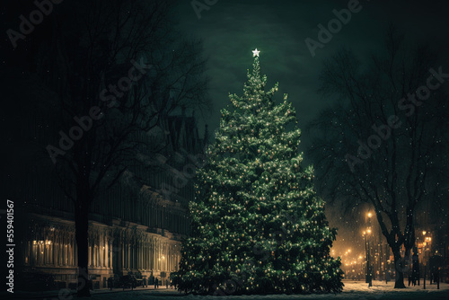 large Christmas tree in the city with plenty of lights. Generative AI