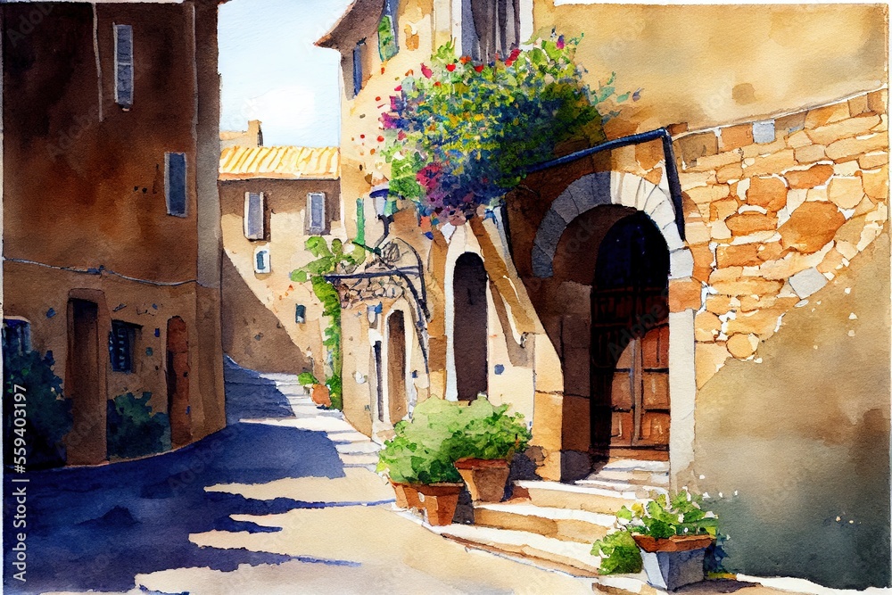Lovely coastal old  italian village  , street old town Watercolor illustration. Ai Generative