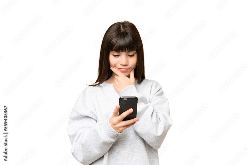 Little girl over isolated green chroma key background thinking and sending a message Little girl over isolated green chroma key background thinking and sending a message