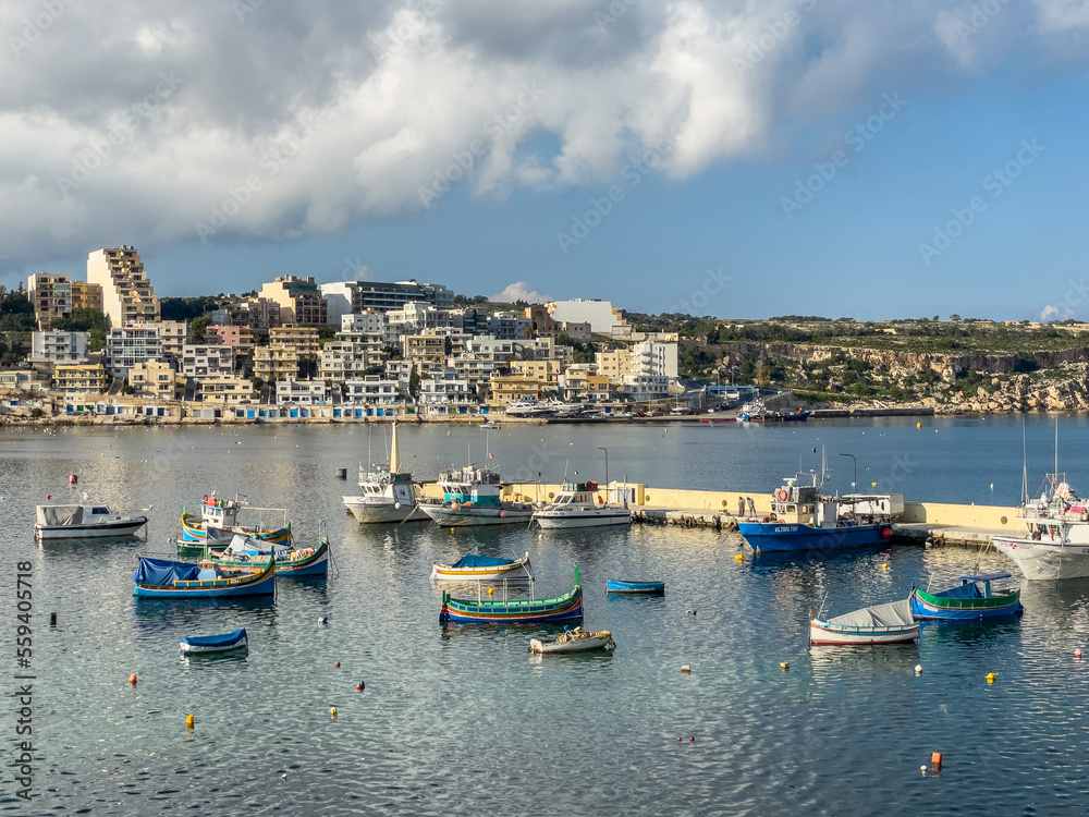 Fishing boats moored in St. Paul's Bay Harbour, St. Paul's Bay, Malta.