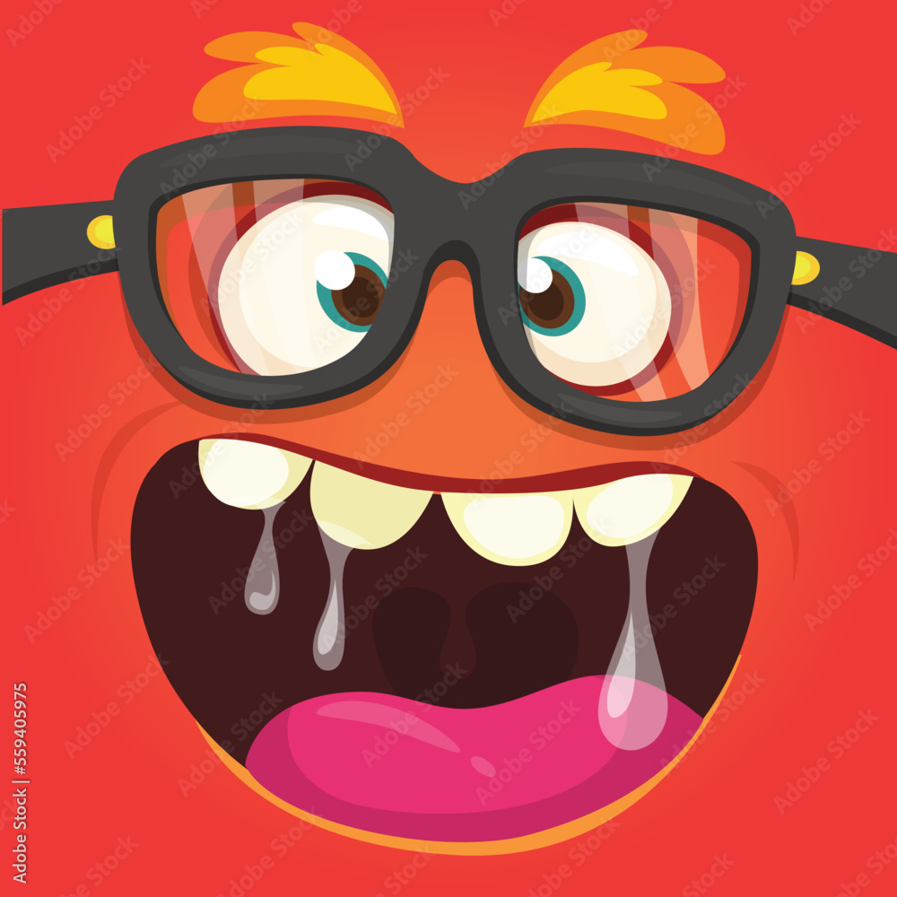 Funny cartoon monster character face expression wearing eyeglasses. Illustration of cute and happy alien creature. Halloween design Funny cartoon monster character face expression wearing eyeglasses. Illustration of cute and happy alien creature. Halloween design