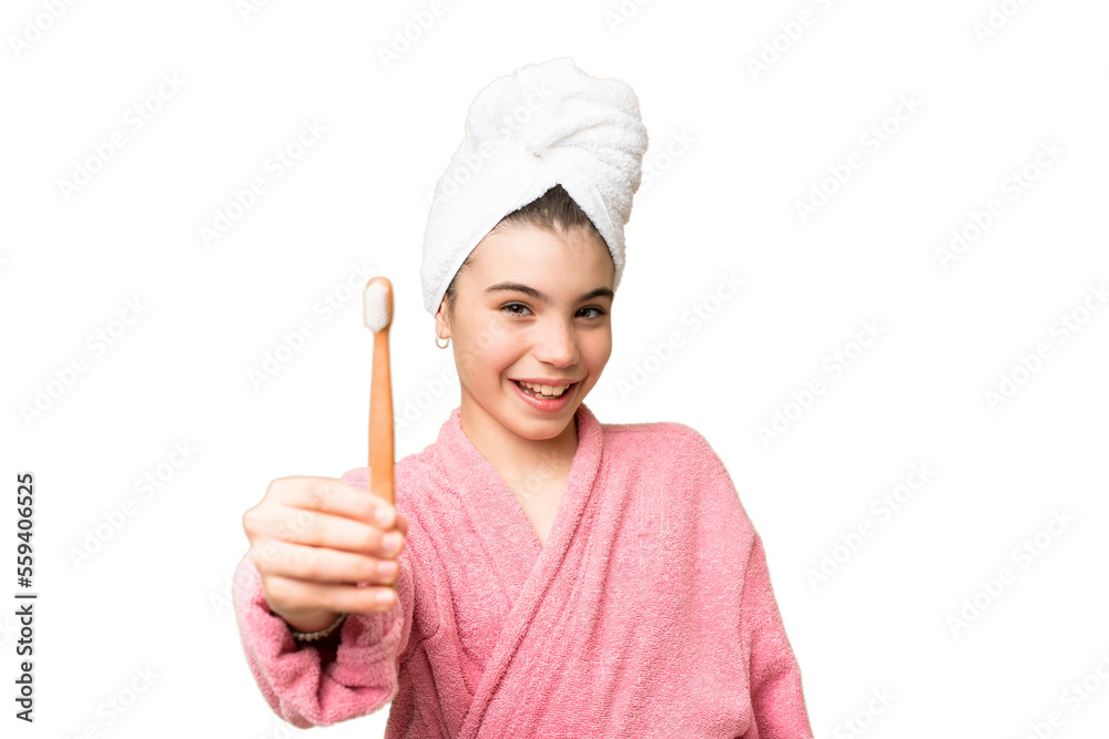 Little girl brushing teeth over isolated chroma key background with happy expression Little girl brushing teeth over isolated chroma key background with happy expression