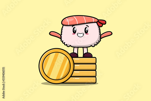 Cute cartoon Sushi shrimp character standing in stacked gold coin vector illustration flat cartoon 