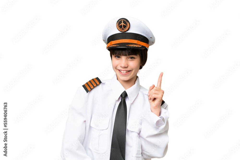 Little girl as a Airplane pilot over isolated chroma key background showing and lifting a finger in sign of the best Little girl as a Airplane pilot over isolated chroma key background showing and lifting a finger in sign of the best