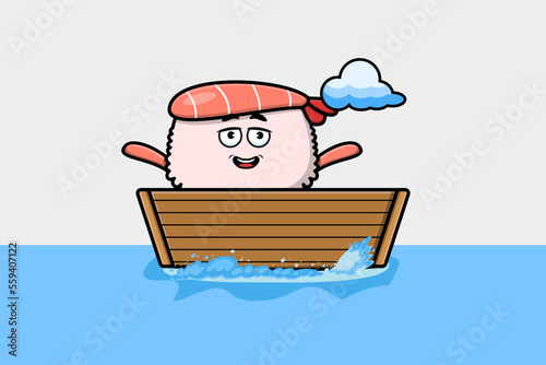 cute cartoon Sushi shrimp get on boat in vector character illustration