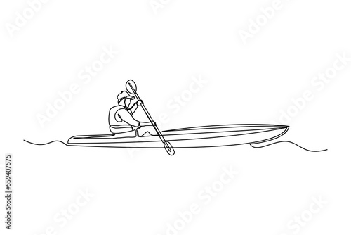 Continuous single one line drawing art of man rowing canoe. Vector illustration of sport man paddle kayak.